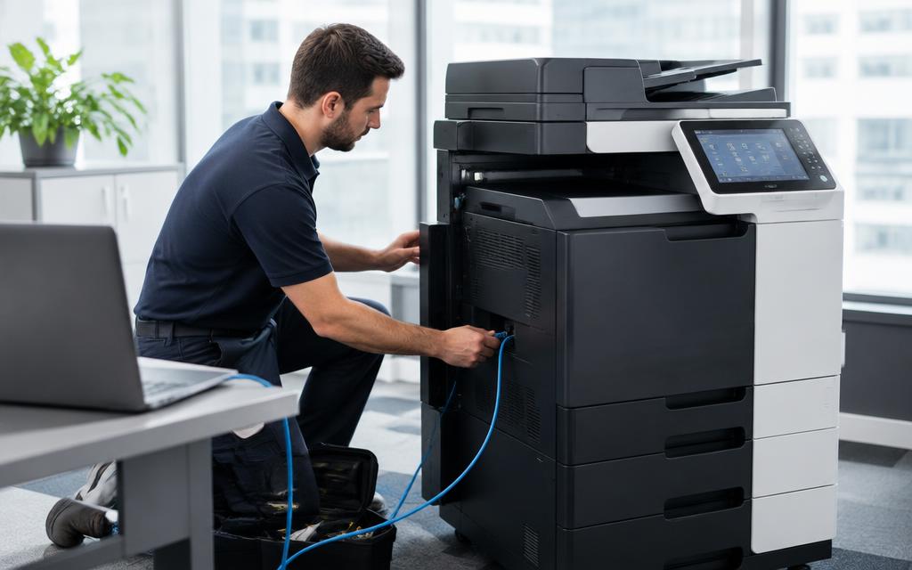 A technician connecting and setting up an office multifunction photocopier