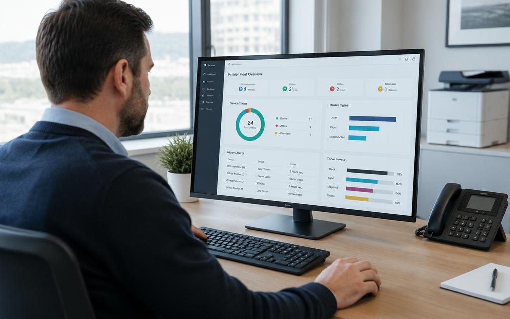 An administrator monitoring a fleet of office printers on a status dashboard