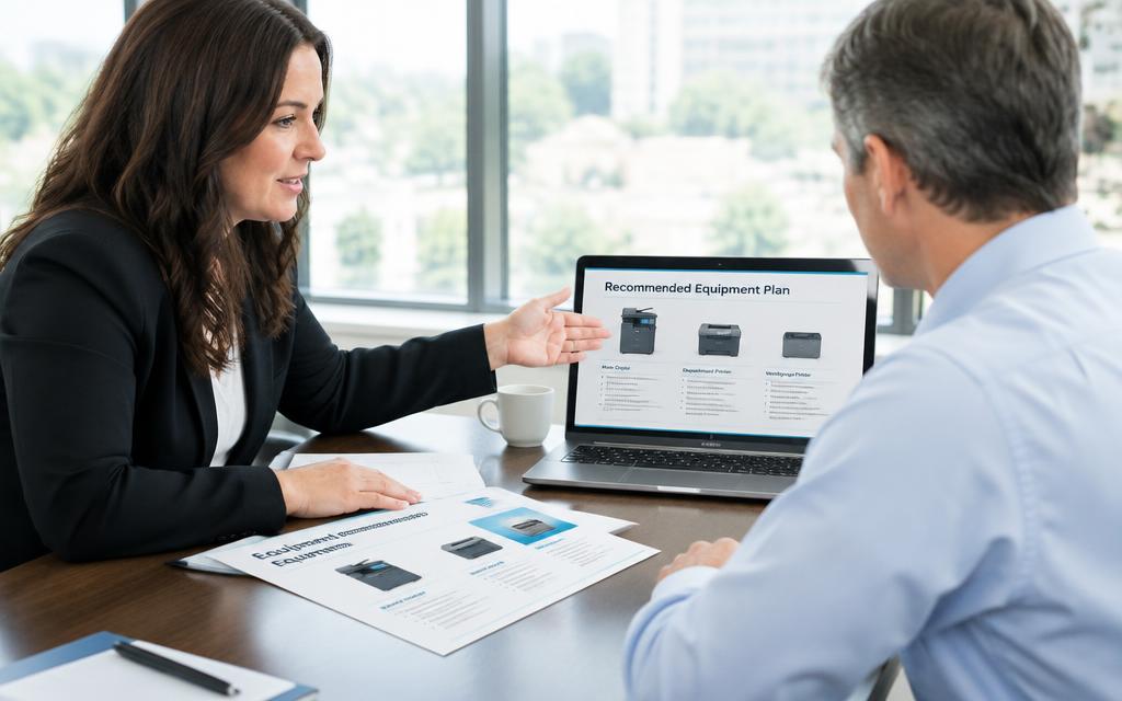 A print specialist presenting a recommended equipment plan to a business client