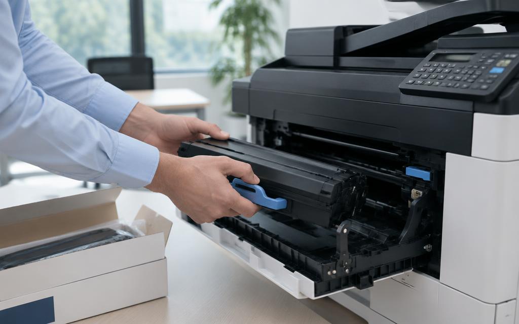 Hands replacing a toner cartridge in an office printer with supplies nearby