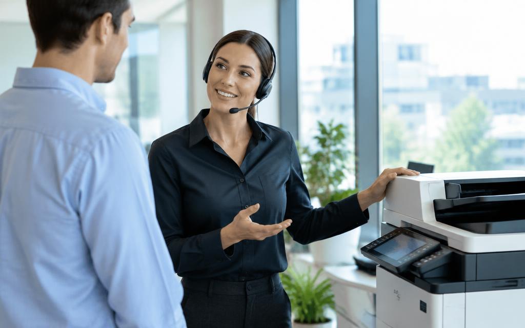 A support team member with a headset assisting a customer beside a multifunction printer